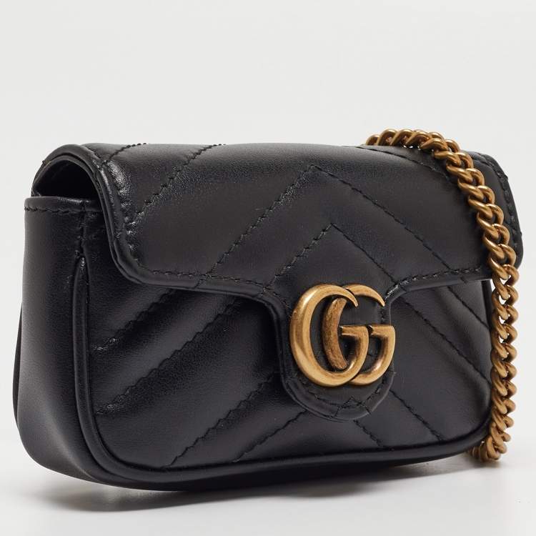 Pre Owned Gucci Black Matelassé Leather GG Marmont 2.0 Purse on Chain