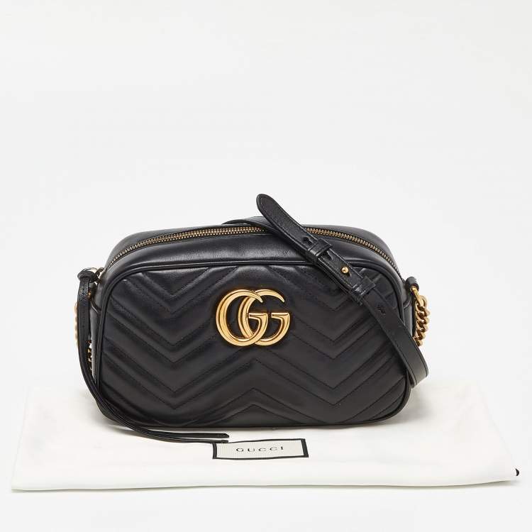 Pre Owned Gucci Black Matelassé Leather Small GG Marmont Camera Bag