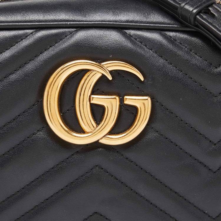 Pre Owned Gucci Black Matelassé Leather Small GG Marmont Camera Bag