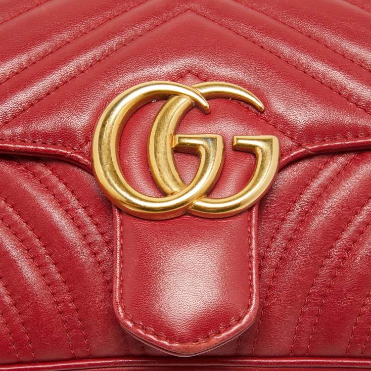 Pre Owned Gucci Red Matelassé Leather Mini GG Marmont Shoulder Bag