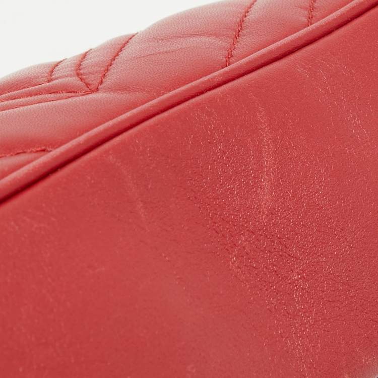Pre Owned Gucci Red Matelassé Leather Mini GG Marmont Shoulder Bag