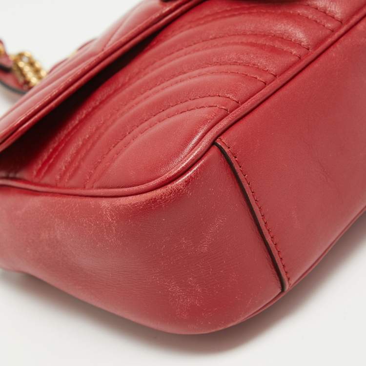 Pre Owned Gucci Red Matelassé Leather Mini GG Marmont Shoulder Bag