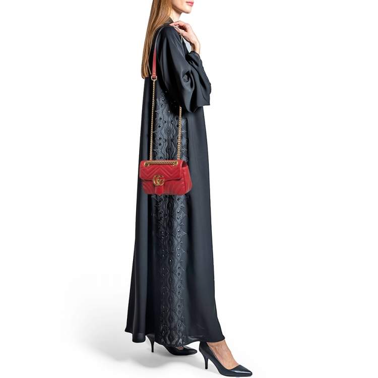 Pre Owned Gucci Red Matelassé Leather Mini GG Marmont Shoulder Bag