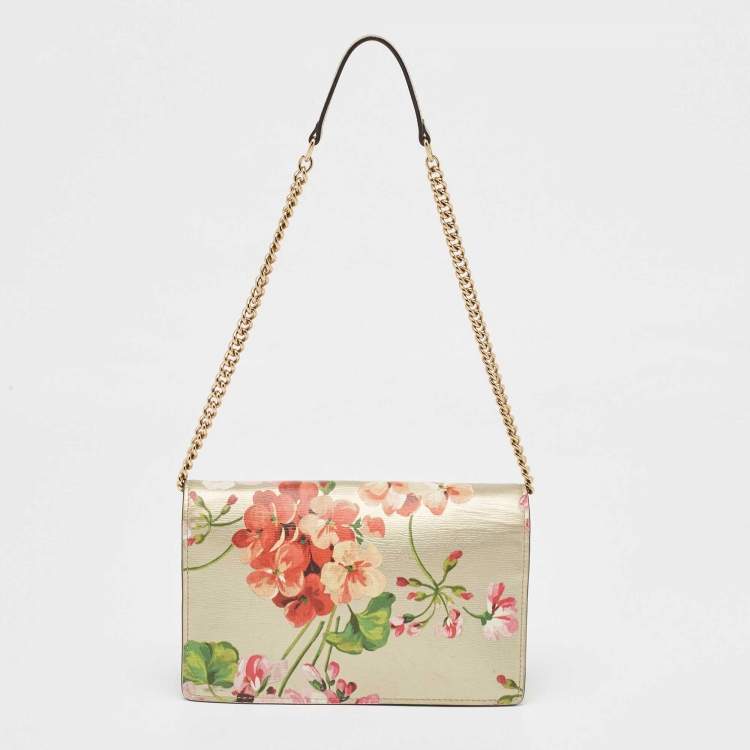 Pre Owned Gucci Multicolor GG Blooms Leather Flap Wallet on Chain 