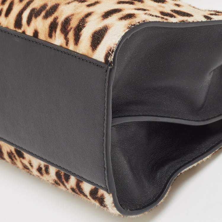 Pre Owned Gucci Beige/Black Leopard Print Calfhair and Leather Mini Nymphaea Bamboo Top Handle Bag