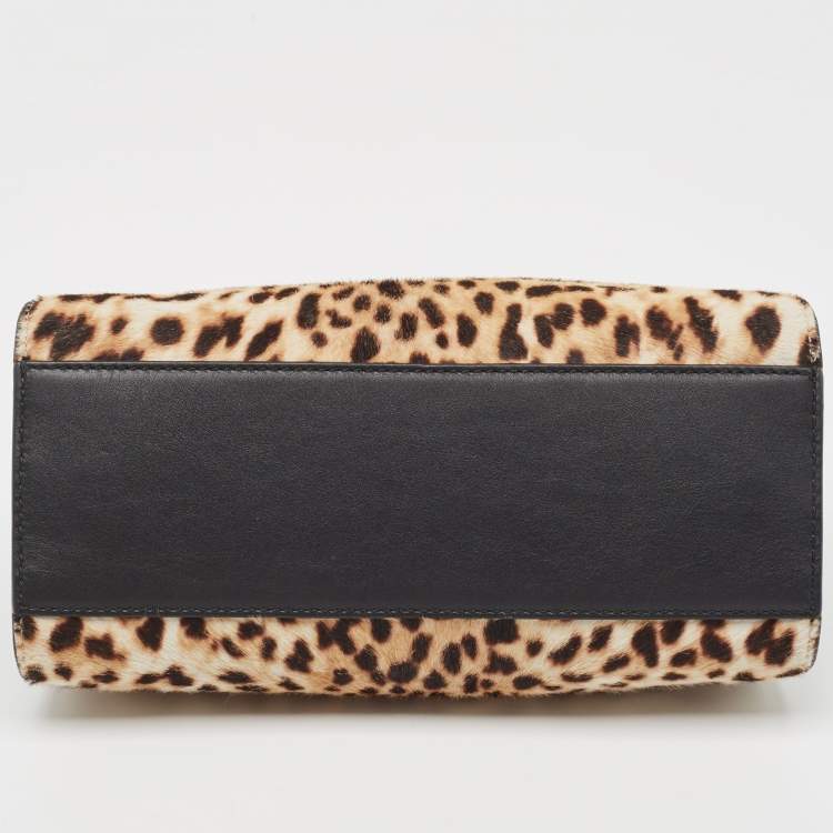 Pre Owned Gucci Beige/Black Leopard Print Calfhair and Leather Mini Nymphaea Bamboo Top Handle Bag