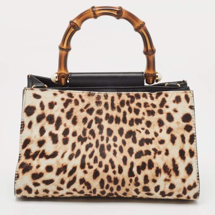 Pre Owned Gucci Beige/Black Leopard Print Calfhair and Leather Mini Nymphaea Bamboo Top Handle Bag