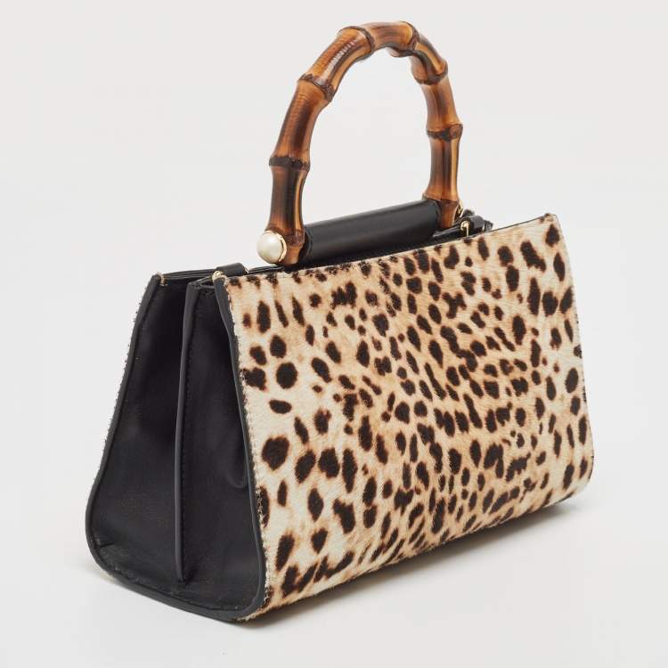 Pre Owned Gucci Beige/Black Leopard Print Calfhair and Leather Mini Nymphaea Bamboo Top Handle Bag