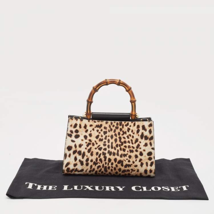 Pre Owned Gucci Beige/Black Leopard Print Calfhair and Leather Mini Nymphaea Bamboo Top Handle Bag