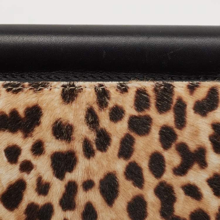 Pre Owned Gucci Beige/Black Leopard Print Calfhair and Leather Mini Nymphaea Bamboo Top Handle Bag