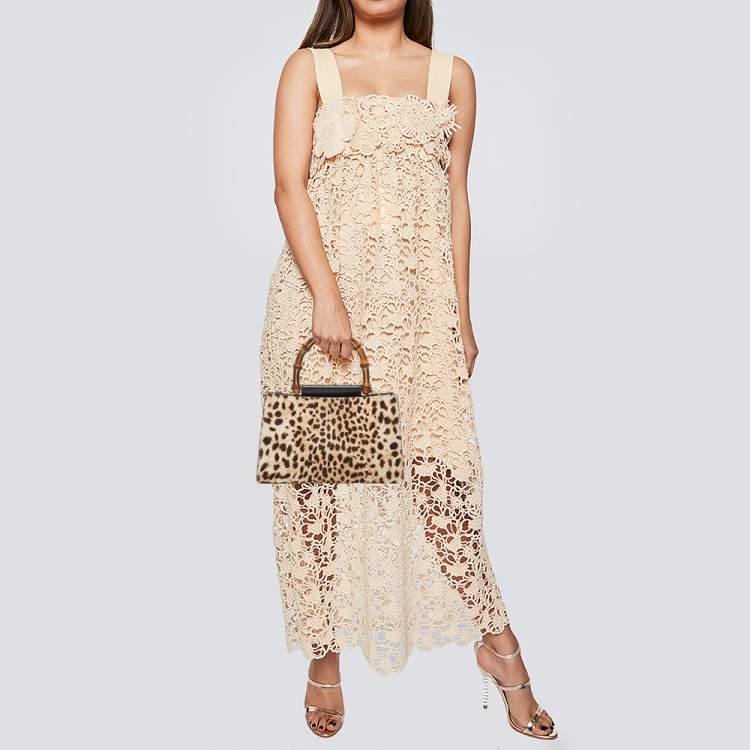 Pre Owned Gucci Beige/Black Leopard Print Calfhair and Leather Mini Nymphaea Bamboo Top Handle Bag