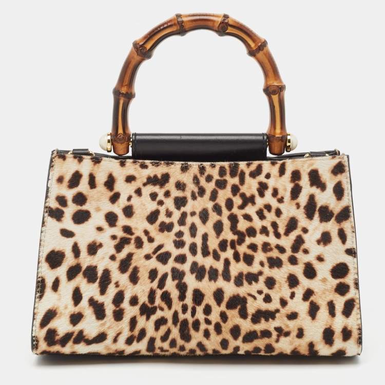 Pre Owned Gucci Beige/Black Leopard Print Calfhair and Leather Mini Nymphaea Bamboo Top Handle Bag