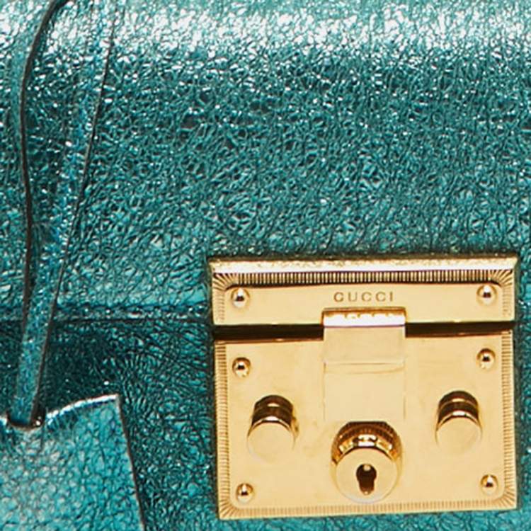 Pre Owned Gucci Metallic Teal Crinkled Leather Small Padlock Shoulder Bag