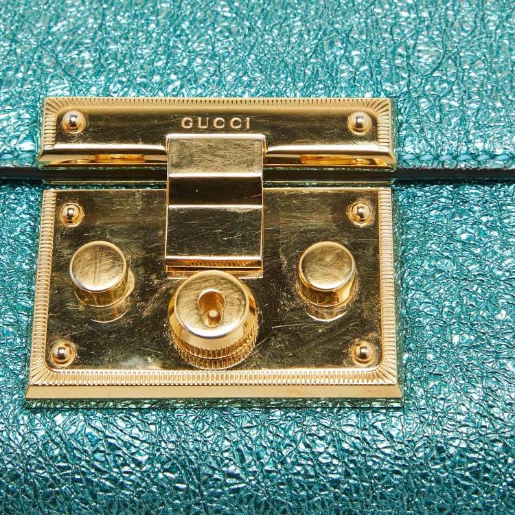Pre Owned Gucci Metallic Teal Crinkled Leather Small Padlock Shoulder Bag