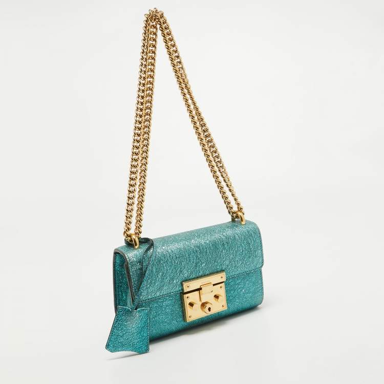 Pre Owned Gucci Metallic Teal Crinkled Leather Small Padlock Shoulder Bag