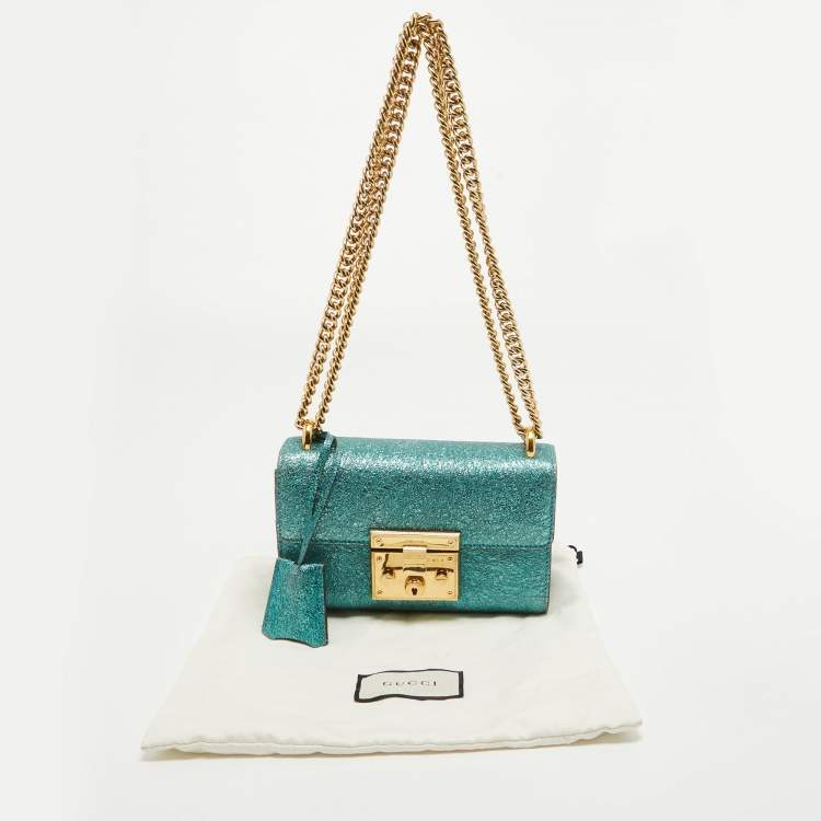 Pre Owned Gucci Metallic Teal Crinkled Leather Small Padlock Shoulder Bag
