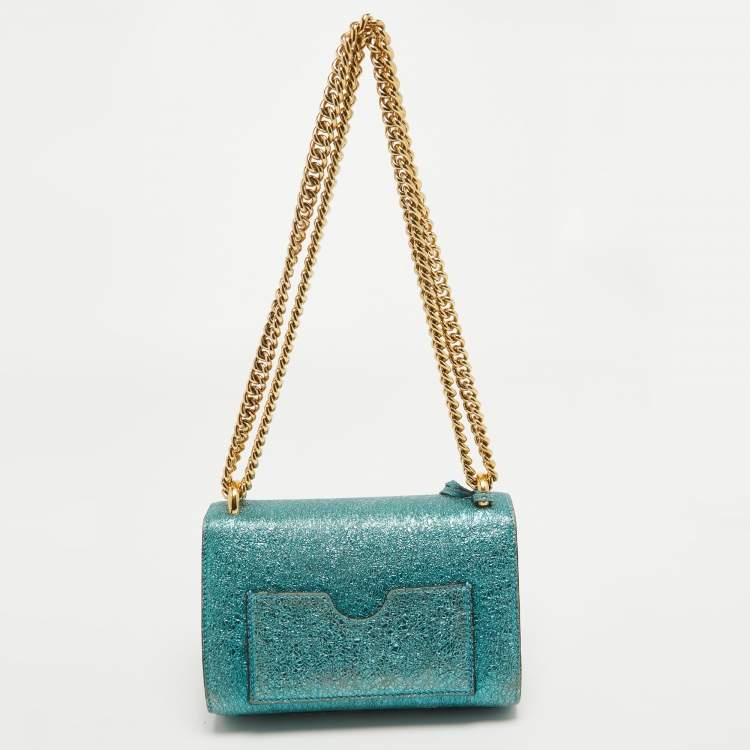 Pre Owned Gucci Metallic Teal Crinkled Leather Small Padlock Shoulder Bag