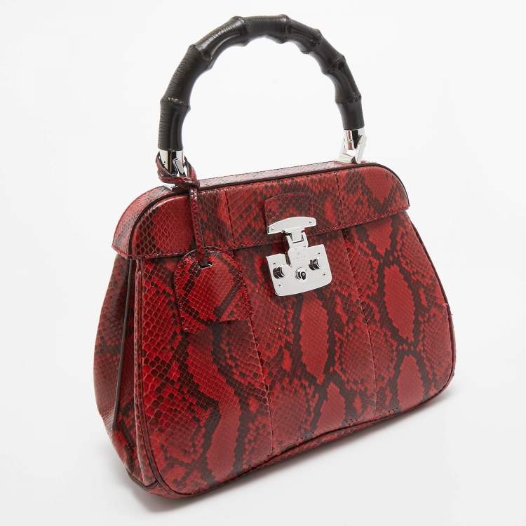 Pre Owned Gucci Red Python Medium Lady Lock Top Handle Bag