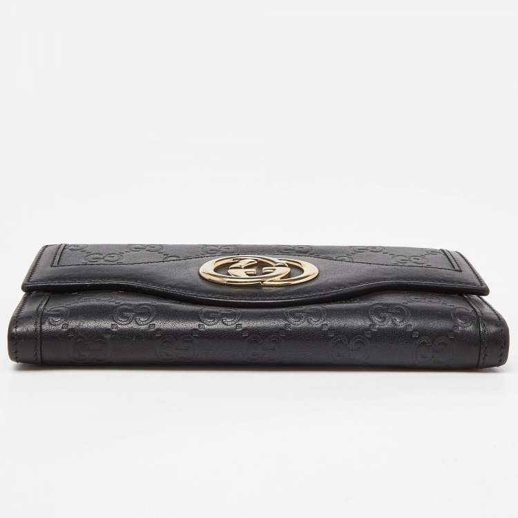 Pre Owned Gucci Black Guccissima Leather Flap Continental Wallet