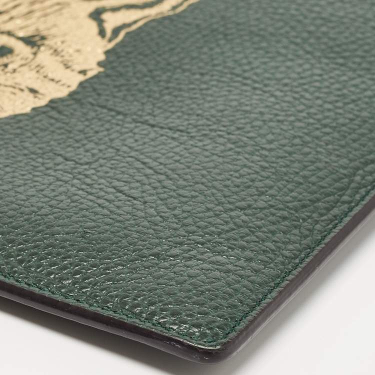 Pre Owned Gucci Green/Gold Leather Garden Cat Zip Pouch