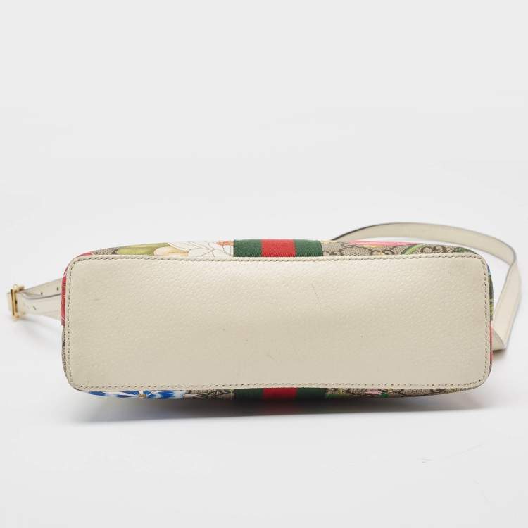 Pre Owned Gucci Off White/Beige GG Supreme Canvas Small Floral Ophidia Shoulder Bag