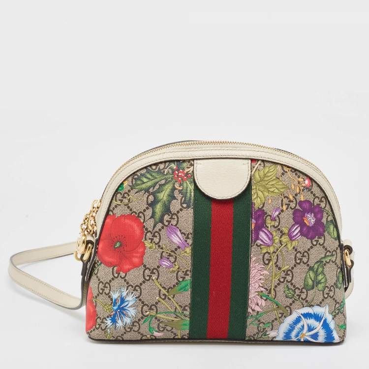Pre Owned Gucci Off White/Beige GG Supreme Canvas Small Floral Ophidia Shoulder Bag