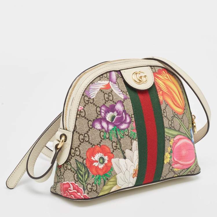 Pre Owned Gucci Off White/Beige GG Supreme Canvas Small Floral Ophidia Shoulder Bag
