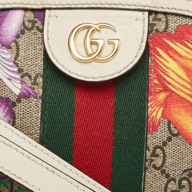Pre Owned Gucci Off White/Beige GG Supreme Canvas Small Floral Ophidia Shoulder Bag
