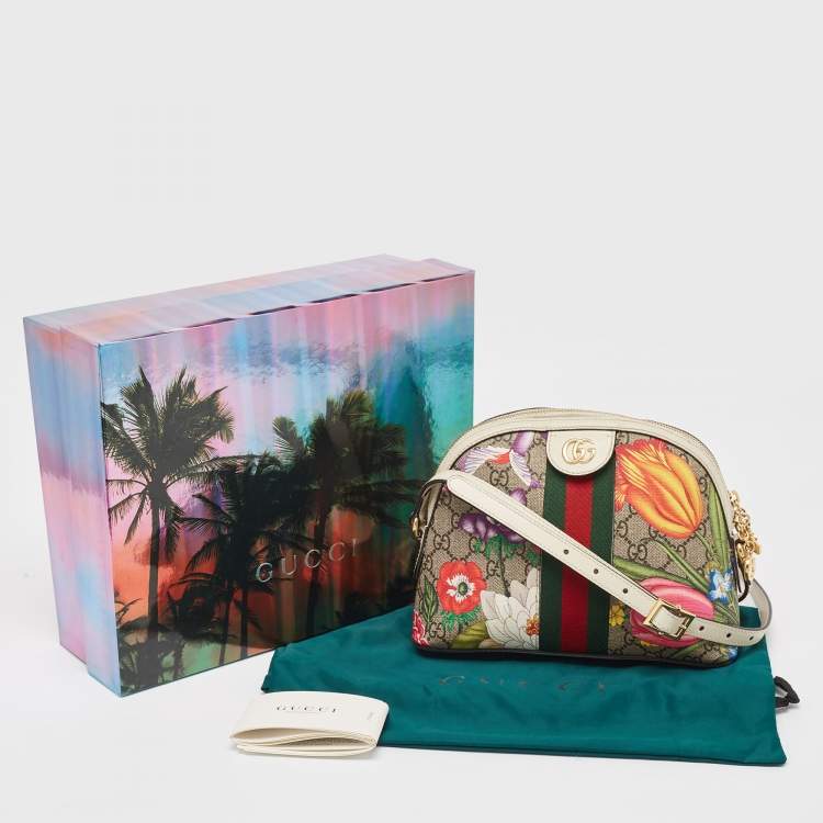 Pre Owned Gucci Off White/Beige GG Supreme Canvas Small Floral Ophidia Shoulder Bag
