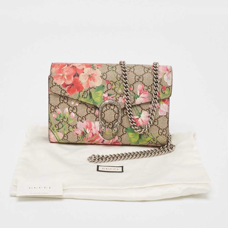Pre Owned Gucci Beige GG Supreme Canvas Blooms Dionysus Wallet On Chain