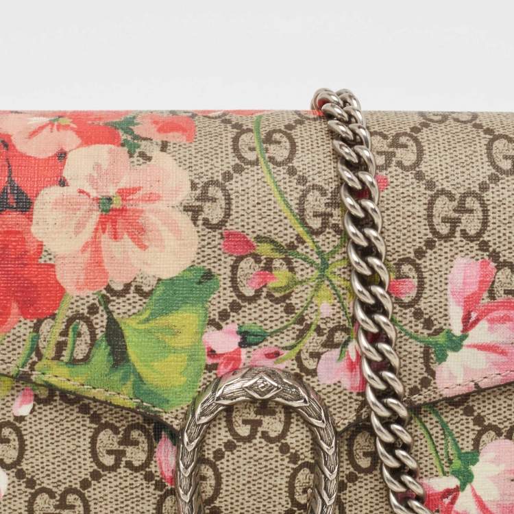 Pre Owned Gucci Beige GG Supreme Canvas Blooms Dionysus Wallet On Chain