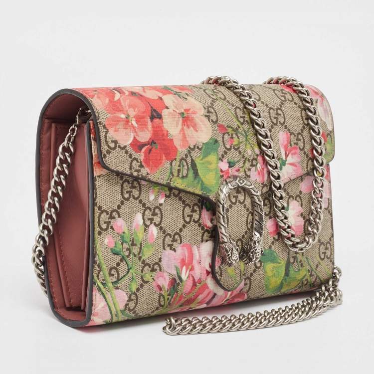 Pre Owned Gucci Beige GG Supreme Canvas Blooms Dionysus Wallet On Chain