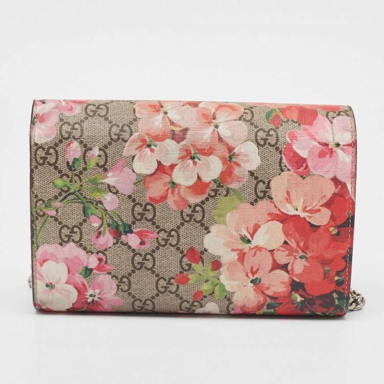 Pre Owned Gucci Beige GG Supreme Canvas Blooms Dionysus Wallet On Chain