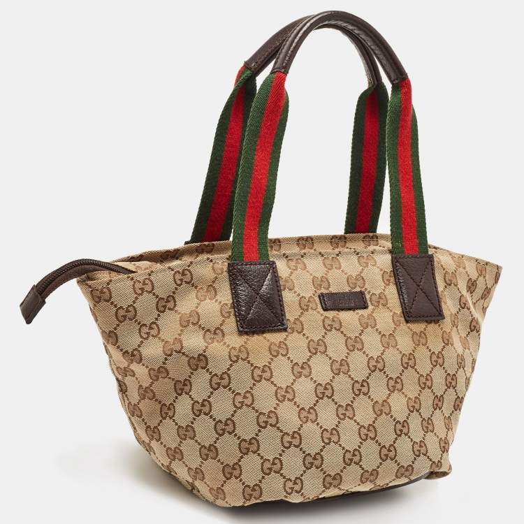 Pre Owned Gucci Brown/Beige GG Canvas and Leather Sherry Line Tote