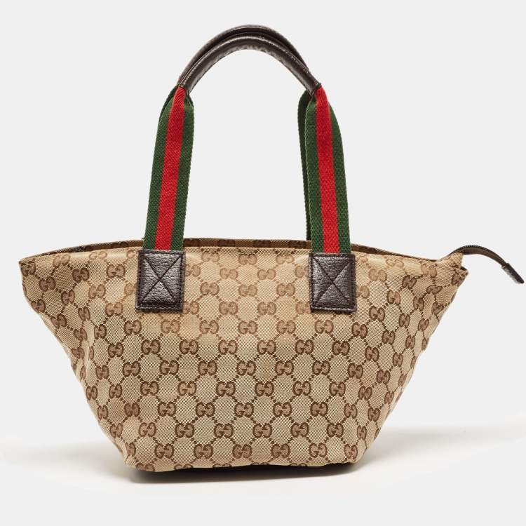 Pre Owned Gucci Brown/Beige GG Canvas and Leather Sherry Line Tote