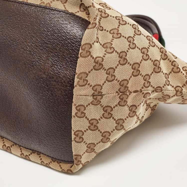 Pre Owned Gucci Brown/Beige GG Canvas and Leather Sherry Line Tote