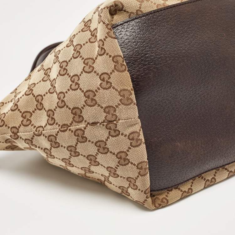 Pre Owned Gucci Brown/Beige GG Canvas and Leather Sherry Line Tote