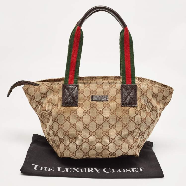 Pre Owned Gucci Brown/Beige GG Canvas and Leather Sherry Line Tote