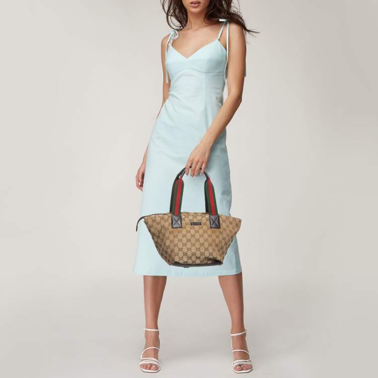 Pre Owned Gucci Brown/Beige GG Canvas and Leather Sherry Line Tote