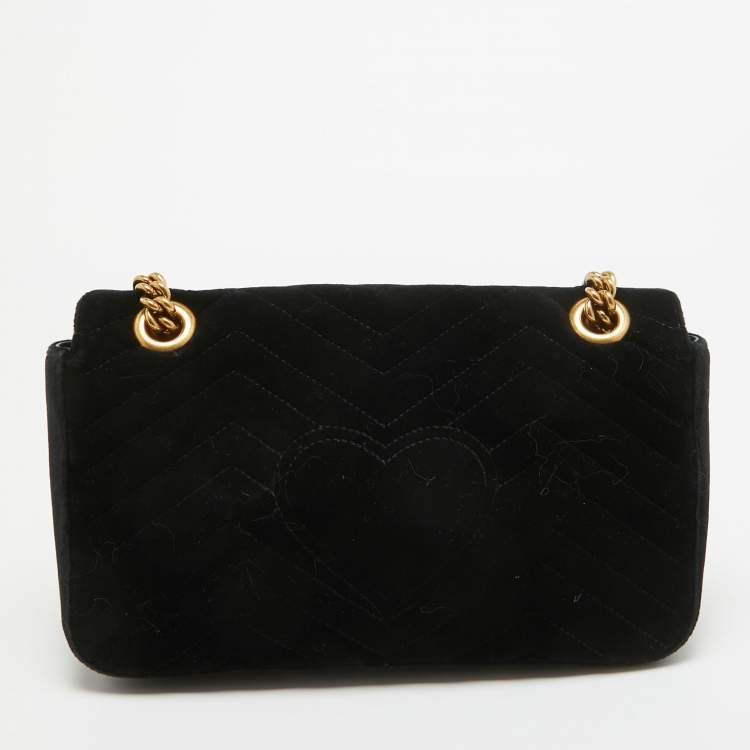 Pre Owned Gucci Black Matelassé Velvet Small GG Marmont Shoulder Bag