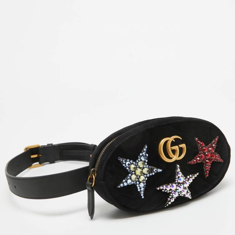 Pre Owned Gucci Black Matelassé Velvet Star Crystal GG Marmont Belt Bag