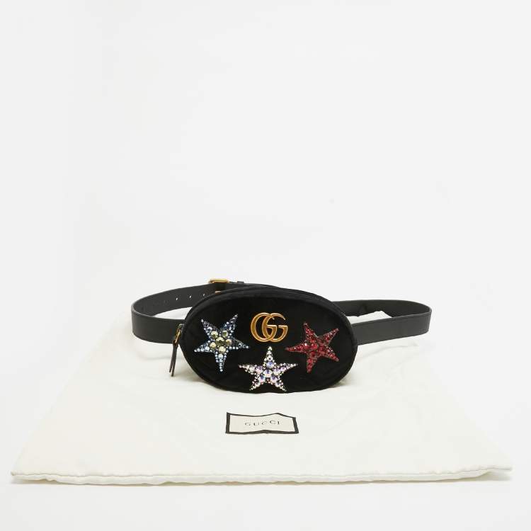 Pre Owned Gucci Black Matelassé Velvet Star Crystal GG Marmont Belt Bag