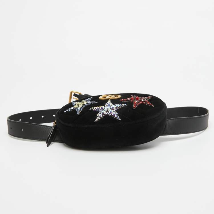Pre Owned Gucci Black Matelassé Velvet Star Crystal GG Marmont Belt Bag