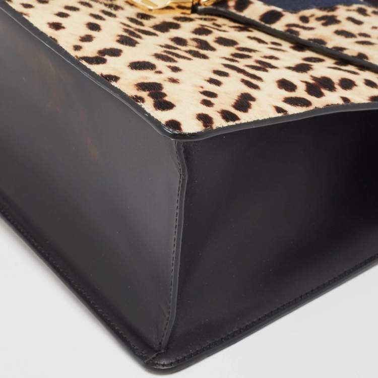 Pre Owned Gucci Beige/Black Leopard Print Calfhair and Leather Medium Sylvie Top Handle Bag