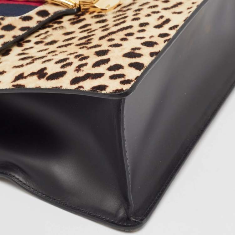 Pre Owned Gucci Beige/Black Leopard Print Calfhair and Leather Medium Sylvie Top Handle Bag
