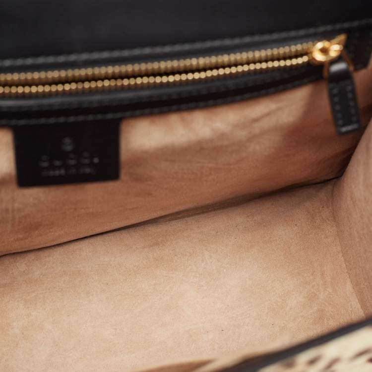 Pre Owned Gucci Beige/Black Leopard Print Calfhair and Leather Medium Sylvie Top Handle Bag