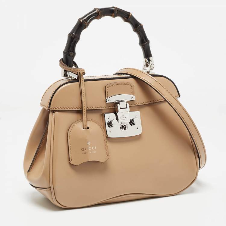 Pre Owned Gucci Beige Glossy Leather Mini Lady Lock Bamboo Top Handle Bag