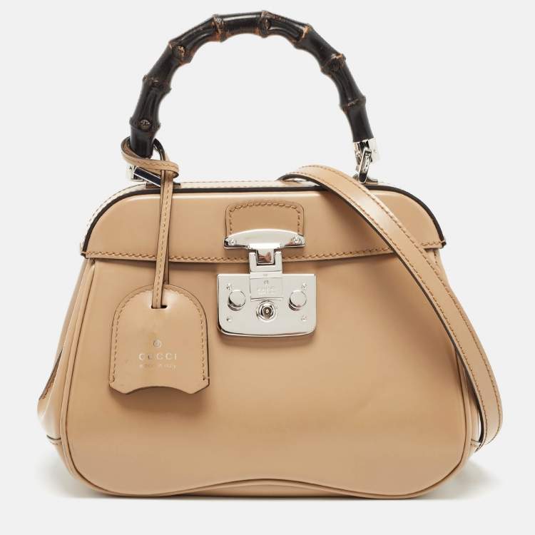 Pre Owned Gucci Beige Glossy Leather Mini Lady Lock Bamboo Top Handle Bag