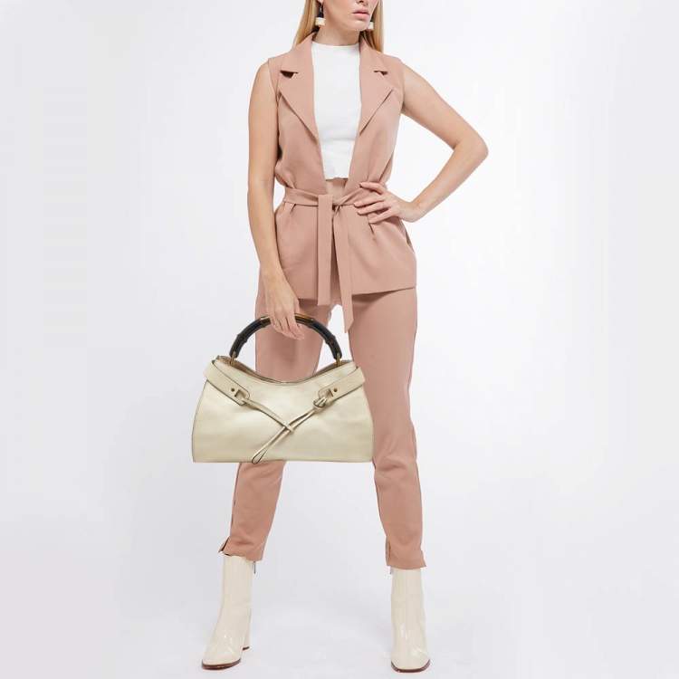 Pre Owned Gucci Cream Leather Bamboo Top Handle Bag
