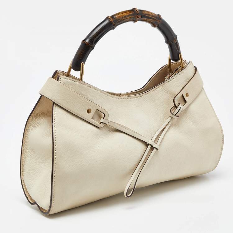 Pre Owned Gucci Cream Leather Bamboo Top Handle Bag